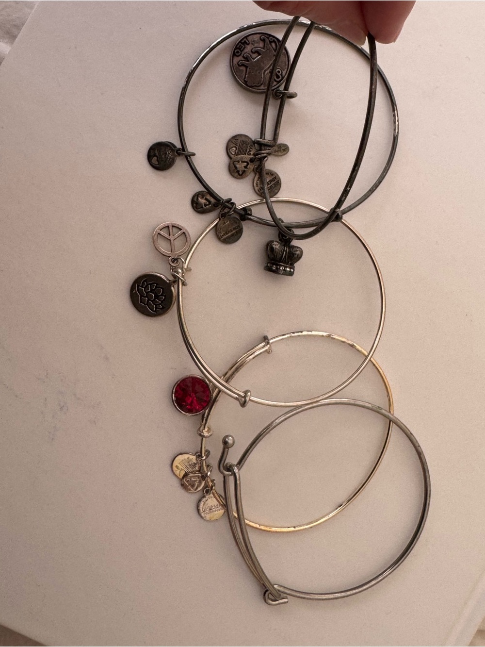 Alex and Ani Mixed Metal Charm Bangle Set  (5) with Red Crystal